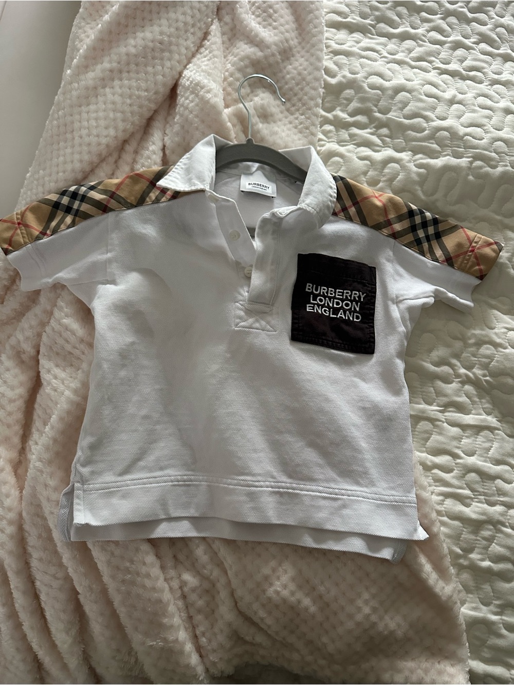 Burberry White Polo with Vintage Check Shoulder Panels